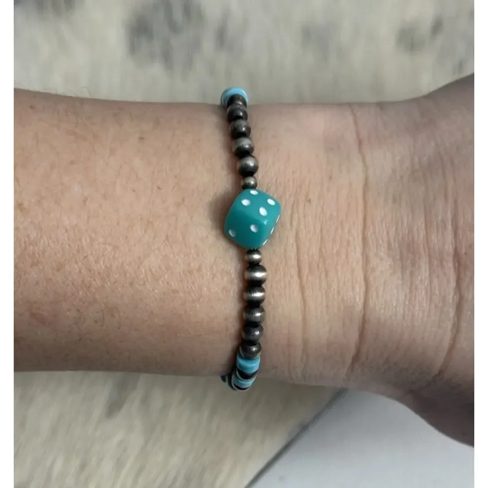 Native American Sterling Silver Navajo Pearl Turquoise Stretch Bracelet Dice